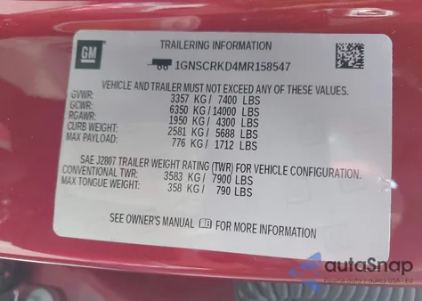 2021 Chevrolet Tahoe 2Wd Rst z USA, uszkodzony, nr VIN 1GNSCRKD4MR158547